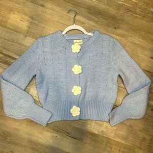 FRESHMAN 1996 BABY BLUE Knit Cardigan Sweater Size Small FLORAL SNAP Buttons NWT